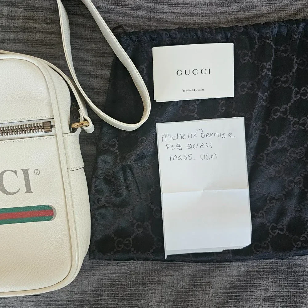 Gucci Men's Authentic White Logo Print Leather Messenger Crossbody Bag